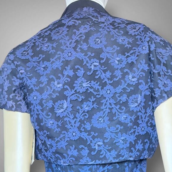 Vintage 1950s Dark Blue Lace Party Dress Ribbon Strap w Bolero Prom Gown 2pc - Picture 13 of 16